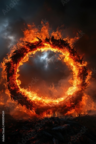 Circular fire blaze surrounded by dark ominous clouds symbolizing power or destruction. Intense colors of flame and ash create dramatic concept of energy, passion, or apocalypse.