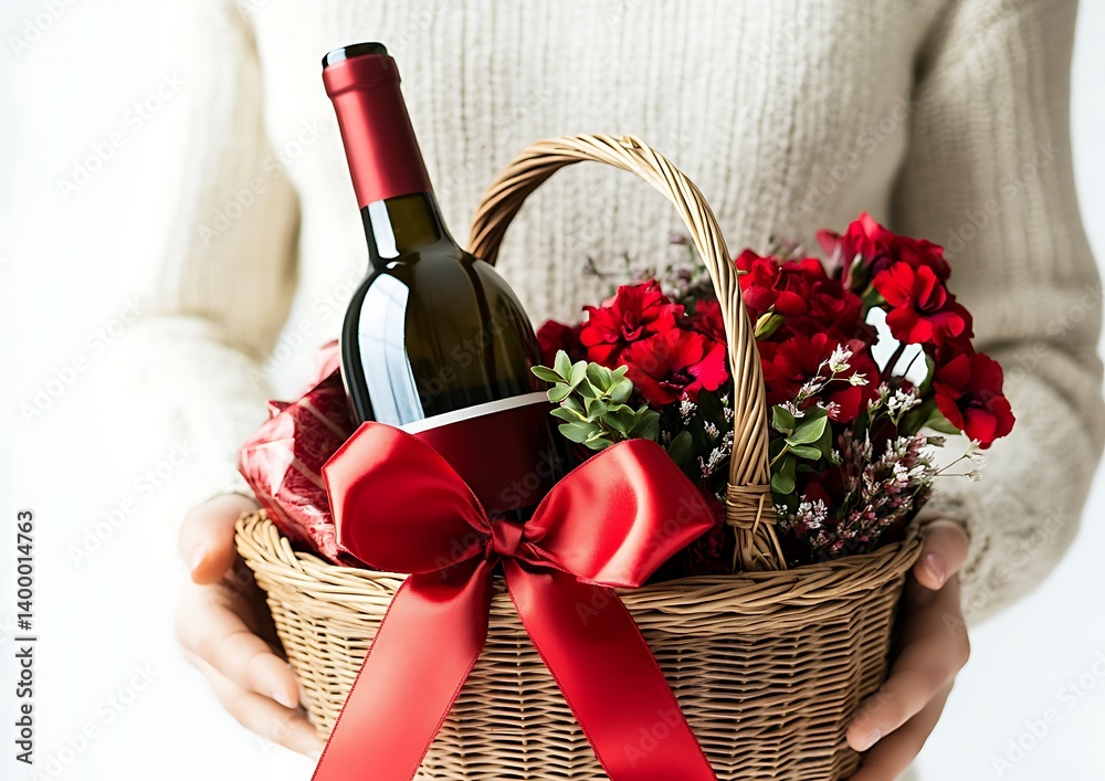 custom made wallpaper toronto digitalWoman holding a gift basket with a red ribbon bow, flowers, and a bottle of wine for Valentine's Day, isolated on a white background