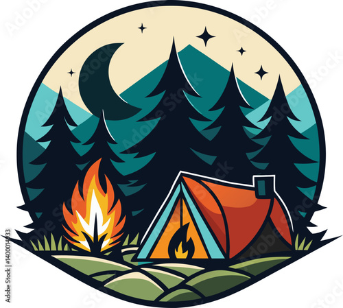 camping night view in forest badge vector, Camping Mountains vector art t-shirt design, Night Camping Scene graphics