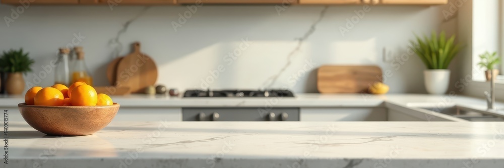 Spacious empty kitchen counter, soft focus backdrop, blank, marble Spacious empty kitchen counter, soft focus backdrop, blank, marble
