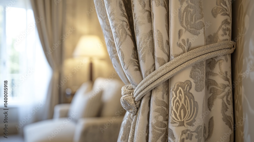 Wide view of elegant curtains pulled back with tiebacks, showing fabric texture and thickness Wide view of elegant curtains pulled back with tiebacks, showing fabric texture and thickness