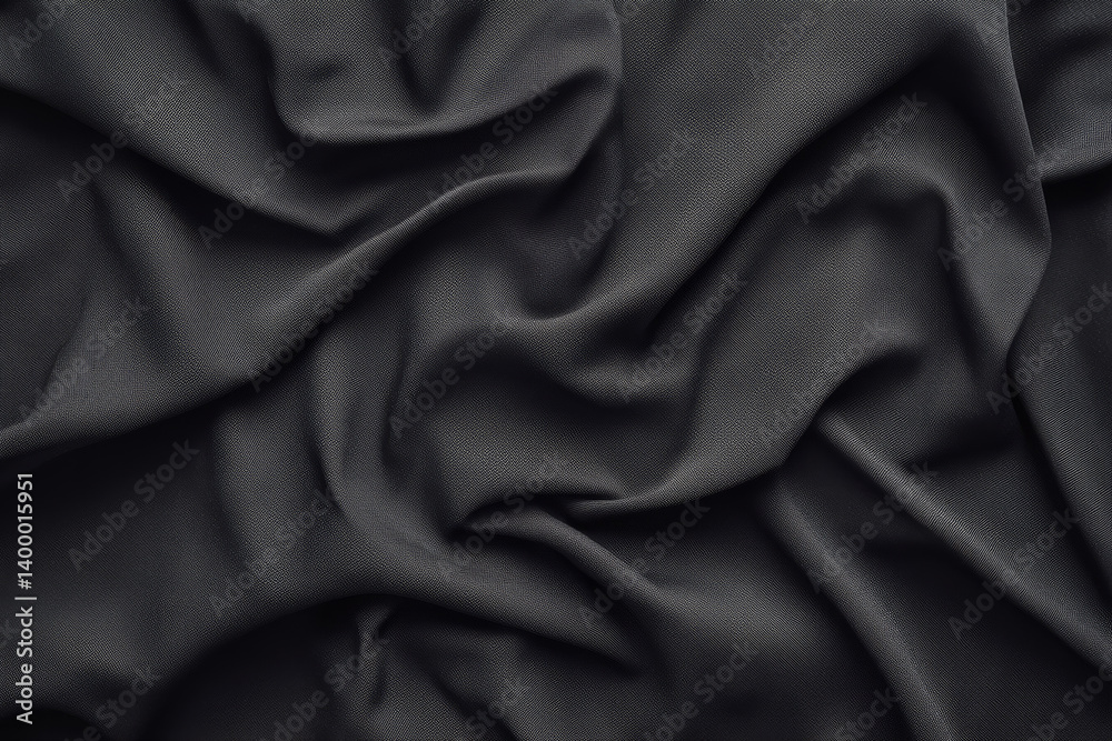 Fototapeta premium black fabric with textured surface is elegantly draped, creating soft folds and shadows. material smooth texture and dark color evoke sense of sophistication and depth