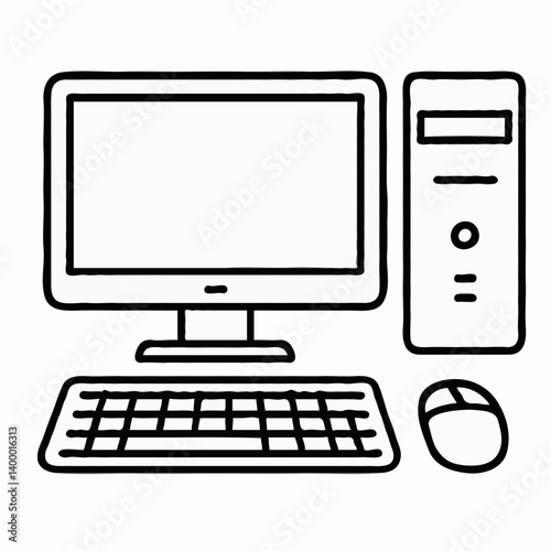 Computer setup with monitor, keyboard, and mouse in doodle style  