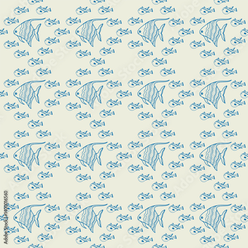 Marine seamless pattern with big and small fish. Pattern with fish outlines in indigo color on a light background. Monochrome pattern on a beige background. Vector pattern, hand drawn