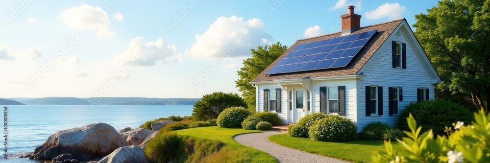 Fototapeta premium Charming Cape Cod, solar panels gleam on roof, energy, sky