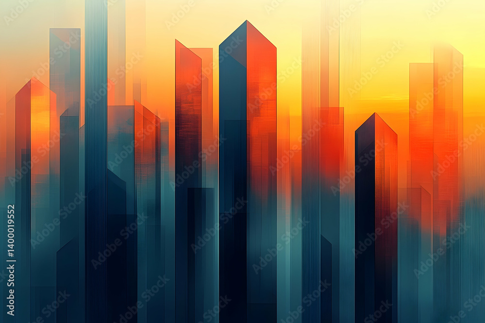 Abstract cityscape at sunrise, rendered in bold colors and geometric forms. Abstract cityscape at sunrise, rendered in bold colors and geometric forms.