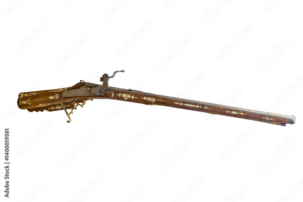 Hunting rifle with a wheel lock, isolated on a white background