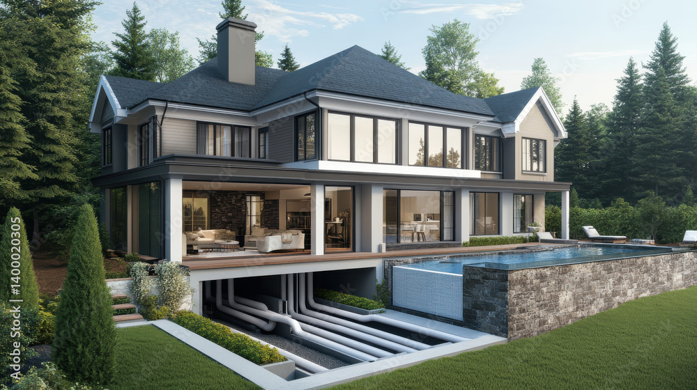 This contemporary residence showcases large glass windows and a stylish pool surrounded by lush greenery, offering a peaceful retreat in nature. Perfect for relaxation or entertainment