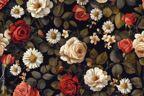 Wallpaper Mural Floral pattern with roses and daisies.  Dark background with various blossoms Torontodigital.ca