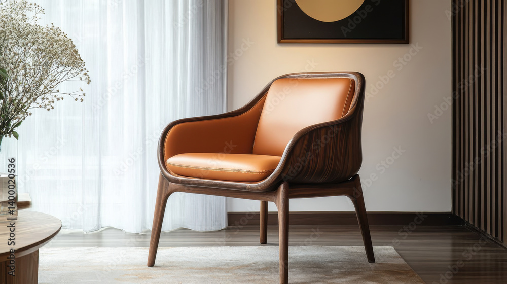 A modern armchair with a curved wooden frame and orange upholstery occupies a cozy corner of a stylish room. Soft natural light filters through sheer curtains, enhancing the ambiance