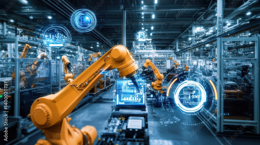 In a modern manufacturing facility, robotic arms work diligently alongside digital interfaces, illustrating the integration of automation and technology in production processes