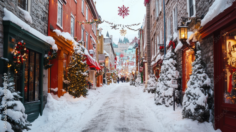 Snow blankets the charming street in a historic village, with colorful buildings adorned with festive lights and decorations. Pine trees line the pathway, creating a magical winter atmosphere