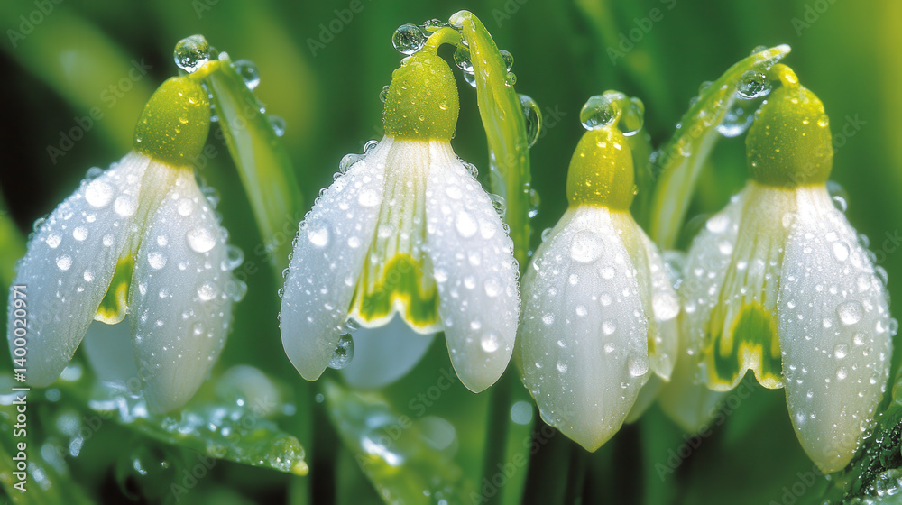 Snowdrop flowers bloom in a vibrant garden, showcasing delicate white petals and green tips. Water droplets glisten on their surfaces, signaling the freshness of spring
