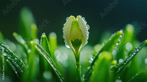 Obraz na płótnie A delicate flower bud emerges from vibrant green leaves, adorned with glistening dewdrops in the serene light of early morning. The atmosphere feels fresh and alive w salonie