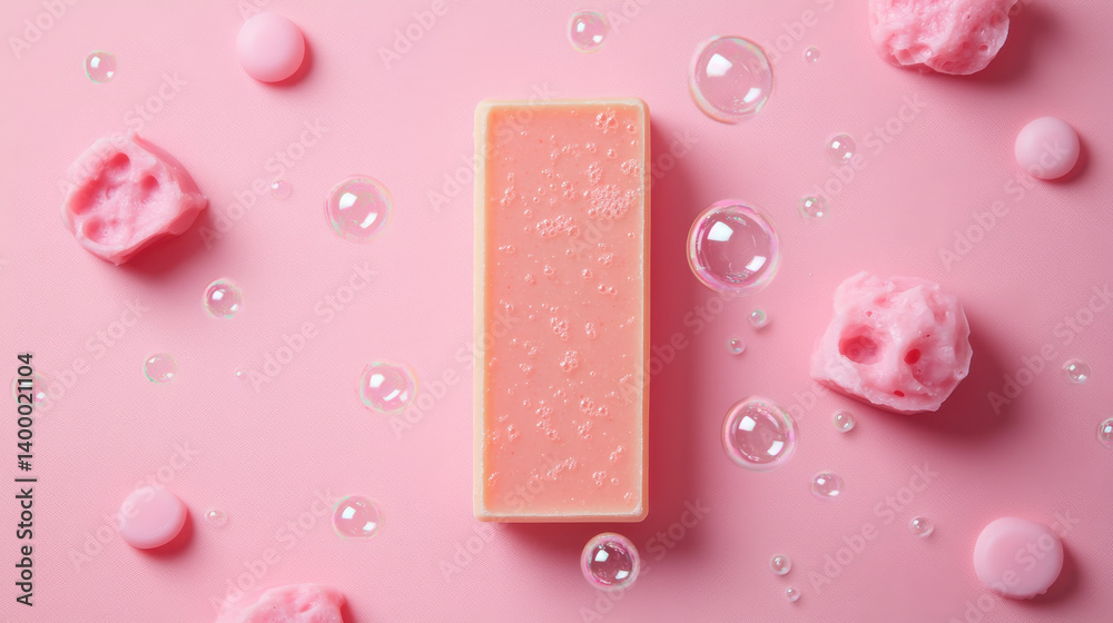 A colorful soap bar sits on a soft pink surface, surrounded by small pink pieces and shiny bubbles. This composition highlights playful textures and vibrant colors, perfect for design inspiration