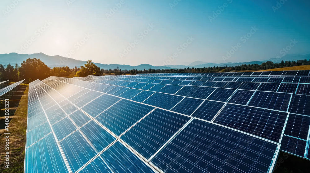 Rows of solar panels reflect sunlight in an open field filled with greenery. The sky is clear, and distant mountains create a serene backdrop, illustrating renewable energy in action