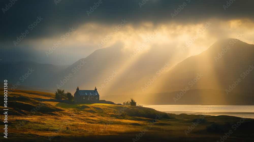 Sunlight breaks through dark clouds, casting golden rays on a secluded cottage by a peaceful lake, with rolling hills and mountains in the background during the early evening