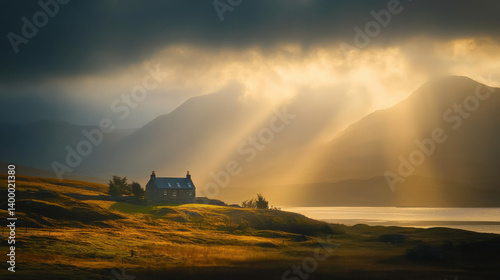 Obraz na płótnie Sunlight breaks through dark clouds, casting golden rays on a secluded cottage by a peaceful lake, with rolling hills and mountains in the background during the early evening w salonie