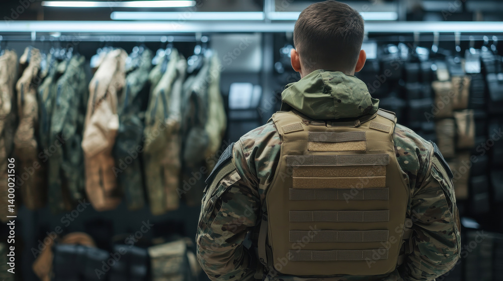A soldier stands in front of a display of military uniforms and tactical gear in a well-lit equipment store, evaluating various options for purchase and use in training
