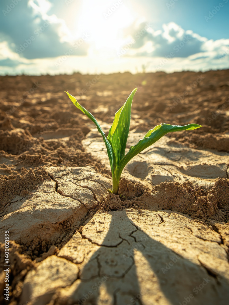 A vibrant green corn sprout breaks through dry, cracked earth in a vast agricultural field during the late afternoon. Sunlight enhances the resilience of new growth against harsh conditions