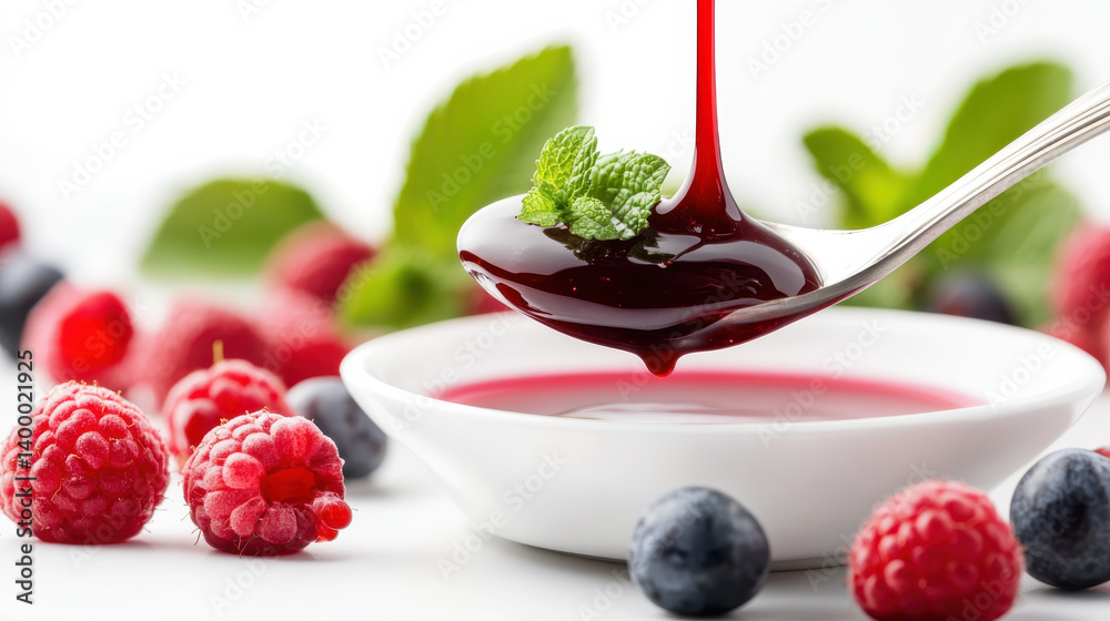 A spoon lifts rich berry sauce, demonstrating its glossy texture as it drips into a small bowl. Fresh mint leaves and various berries are arranged around the bowl, enhancing the vibrant display