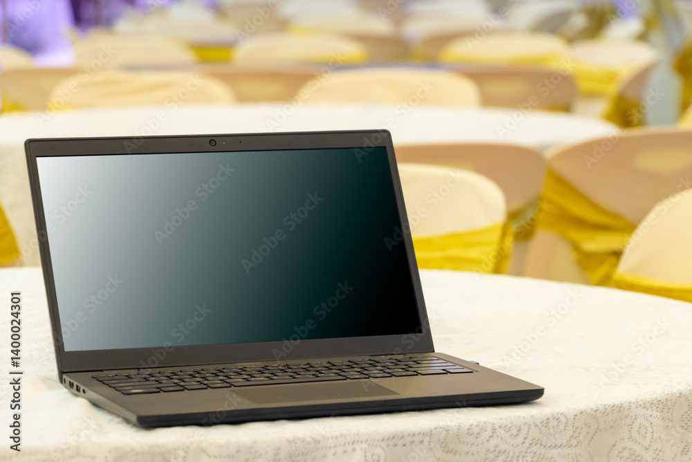 An laptop on a round table with a tablecloth in an empty hall