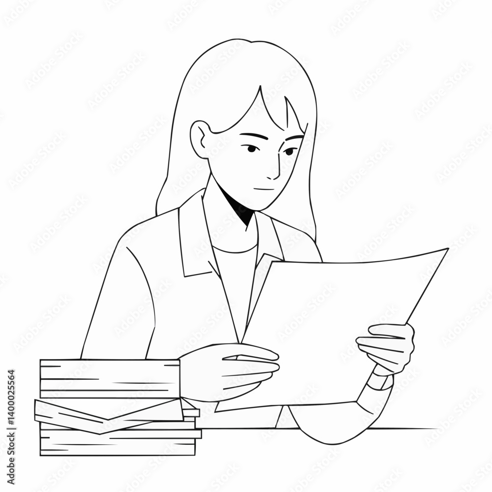 Young finance intern analyzing documents at desk Young finance intern analyzing documents at desk