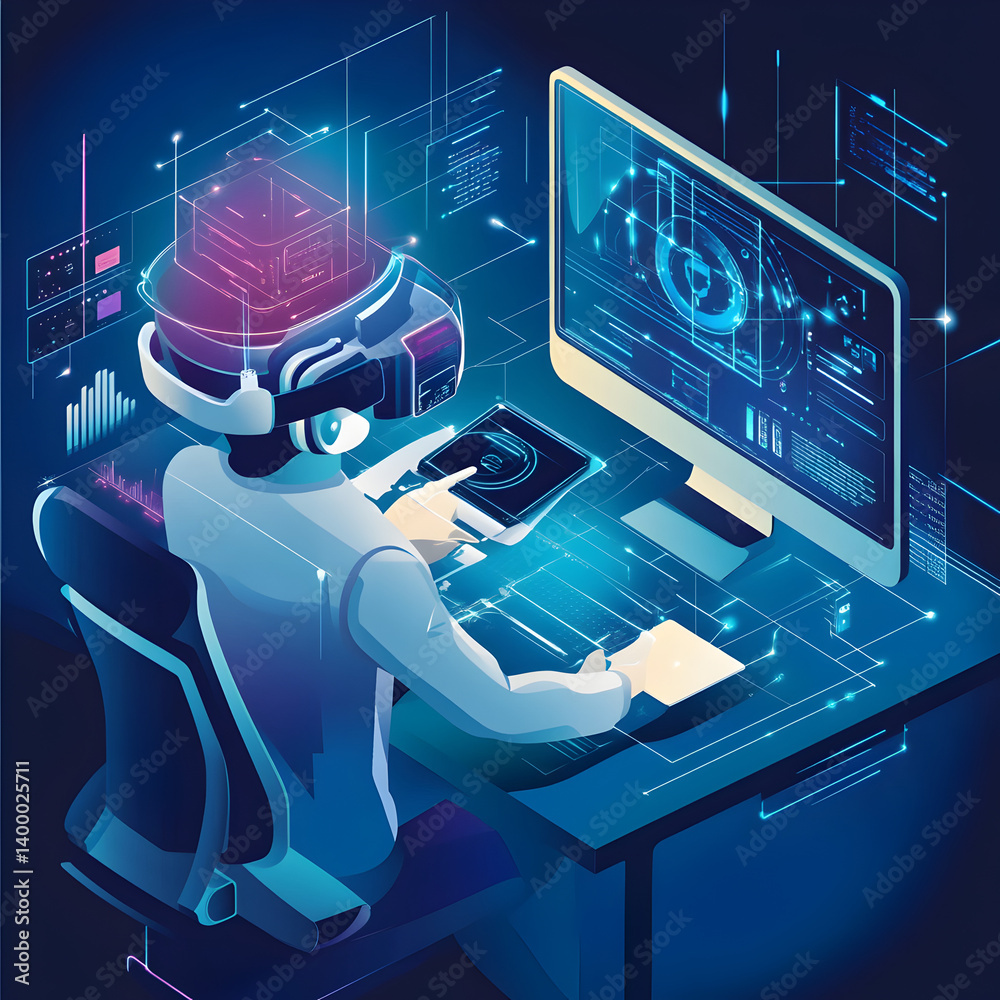 Naklejka premium Enhancing productivity through vr business devices virtual workspace digital illustration technology environment innovative concept