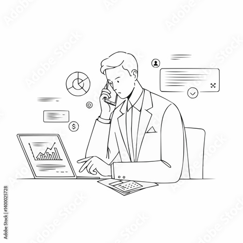 Businessman engaging in a phone call while analyzing data  