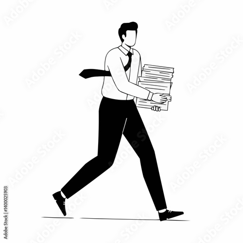 Businessman rushing with documents against a minimalistic background  