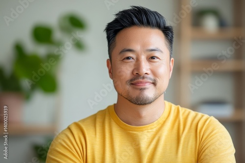 authentic male portrait of soft smiling 40 years old Chinese man in light yellow t-shirt at home