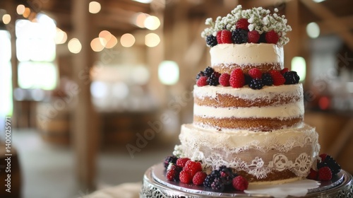 Rustic barn wedding cake table with burlap and lace, semi-naked cake with berries and baby's breath.