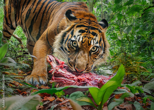 Obraz na płótnie Sumatran tiger (Panthera tigris sumatrae) tearing meat in the tropical jungle w salonie