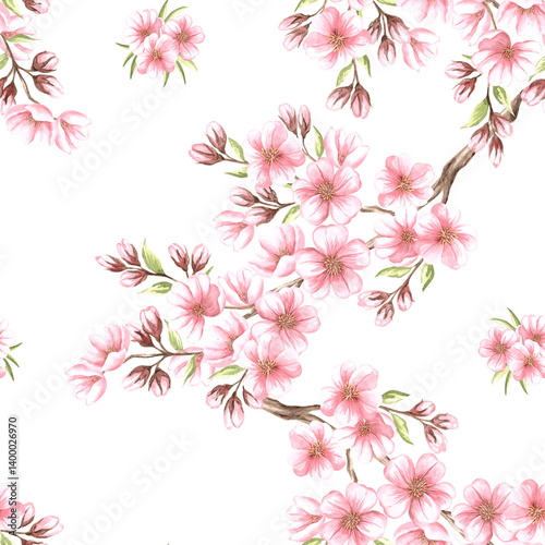 Almond branches with pink flowers and green leaves watercolor seamless pattern. Hand drawn illustration from sakura or cherry blossom. Floral background of spring blooming. Template for wallpaper.