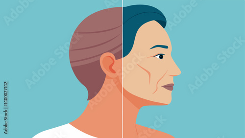 Lift Tighten A side profile of a face where one side shows wrinkles and sagging skin while the other side is rejuvenated with exosomes visually lifting and tightening the skin.
