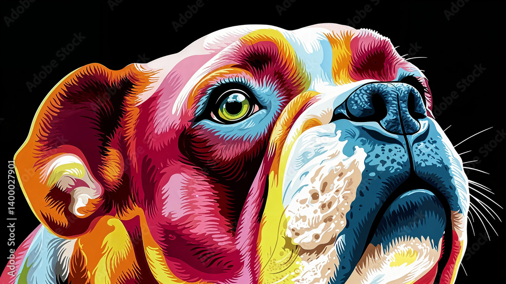 Vibrant portrait of a bulldog, showcasing bold colors and detailed features.