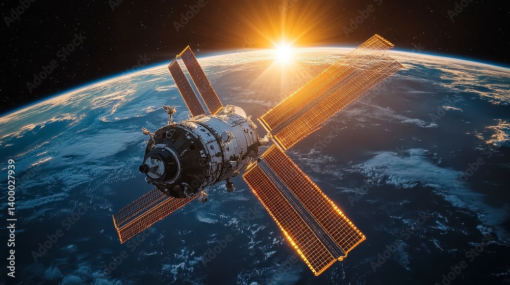 Stunning Spacecraft Orbiting Earth with Sun Rising Behind Planet Stunning Spacecraft Orbiting Earth with Sun Rising Behind Planet