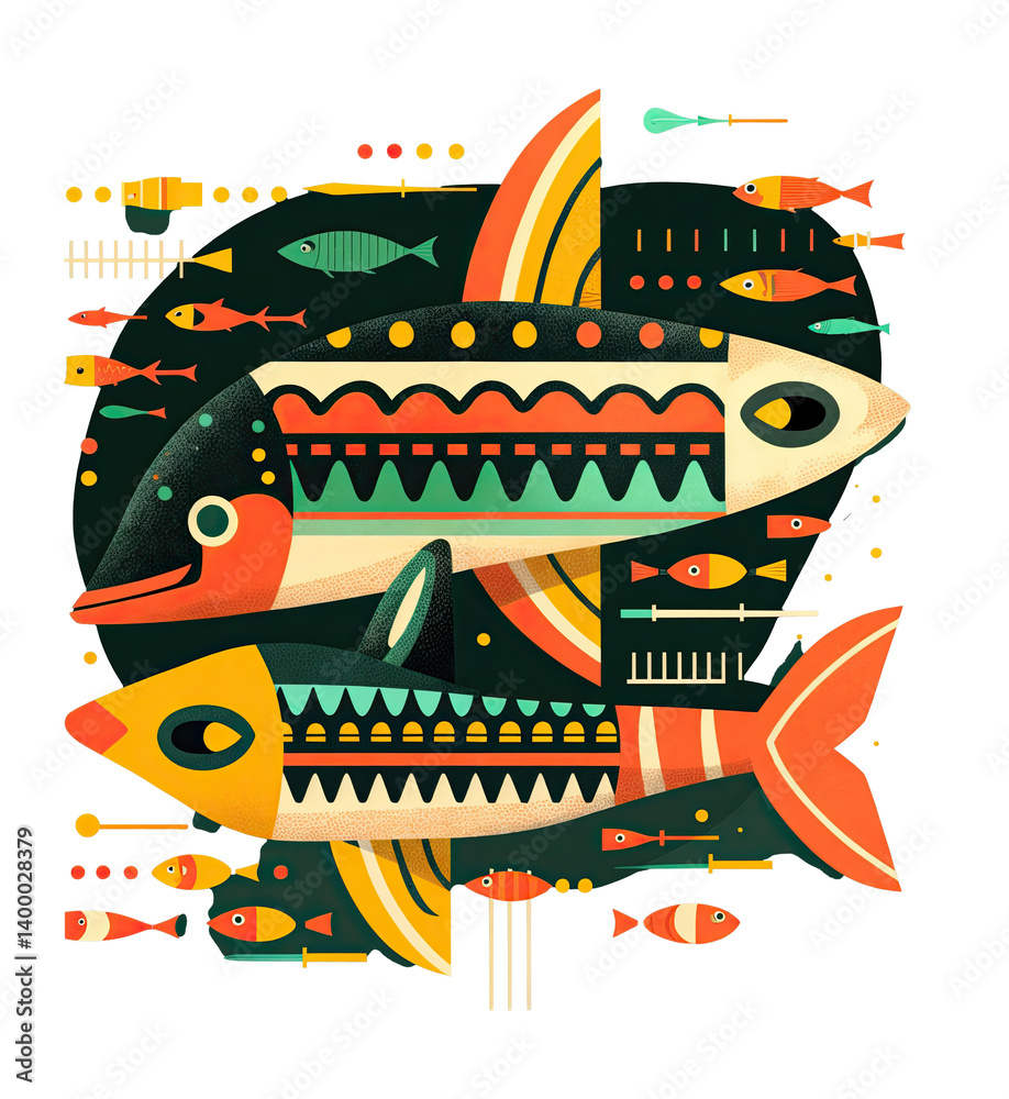 a colorful, abstract illustration featuring a large, stylized fish with intricate patterns and designs. The fish is surrounded by various smaller fish and abstract shapes.
