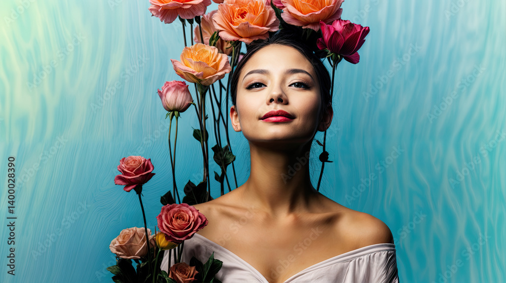 A woman adorned with a floral crown, showcasing a serene expression against a vibrant teal backdrop.