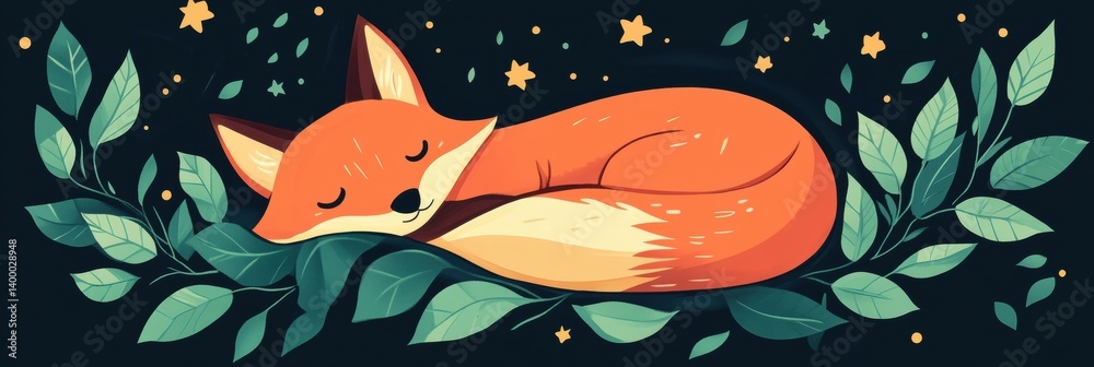 Naklejka premium Sleeping fox curled in leaves under glowing stars in a cozy night setting