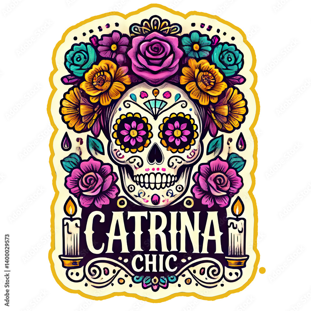 a colorful illustration of a sugar skull adorned with vibrant flowers and gems, accompanied by the text