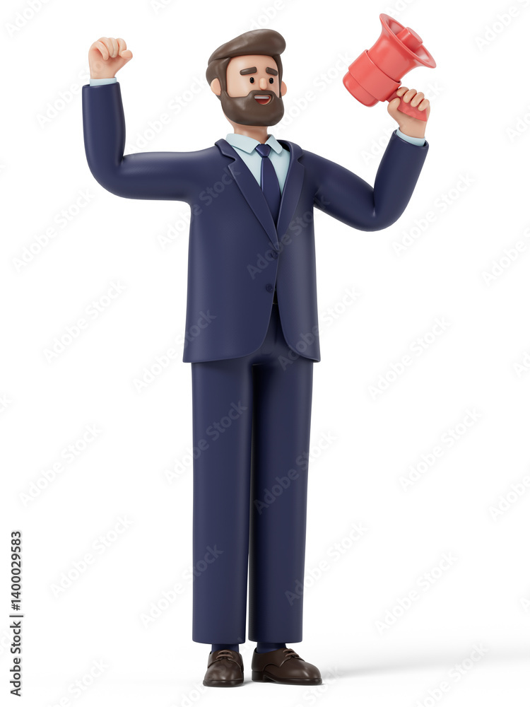 A man holds a megaphone and raises a fist, symbolizing announcement and motivation. 3D rendering, conceptual image. Isolated on white background. A man holds a megaphone and raises a fist, symbolizing announcement and motivation. 3D rendering, conceptual image. Isolated on white background.