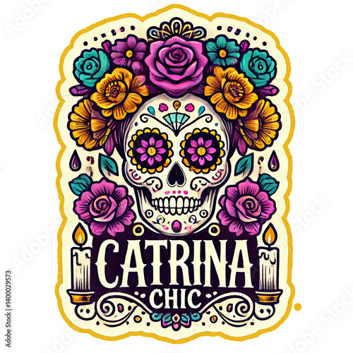 Obraz na płótnie a colorful illustration of a sugar skull adorned with vibrant flowers and gems, accompanied by the text