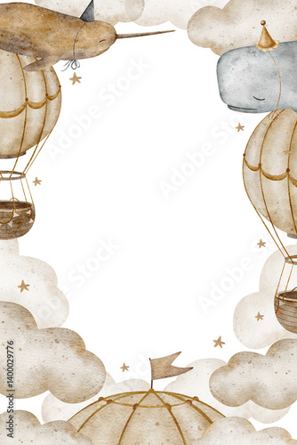 Wallpaper Mural Watercolor illustration narwhal, sperm whales in beige clouds flying with balloons, derringer. Frame hand drawn in vintage color. Template for children's cards, posters, holiday, birthday, packaging Torontodigital.ca