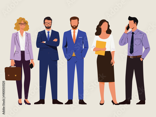 Business team. Vector illustration in simple flat style of diverse cartoon young men and women in office outfits. Isolated on background