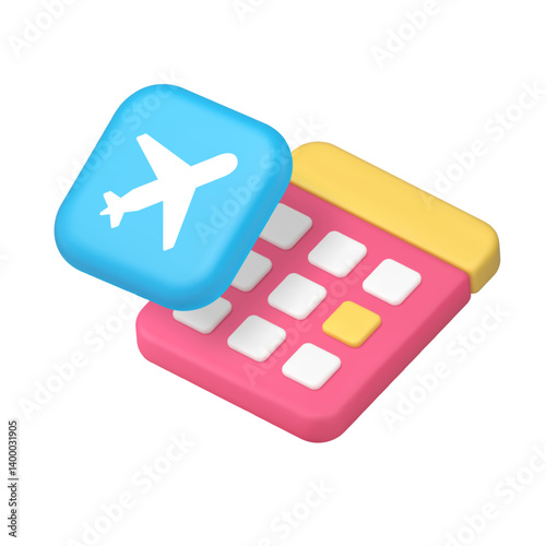 Travel business trip planning calendar data vacation global fly plane 3d icon realistic vector illustration. Tour tourism international journey airplane management organization schedule information