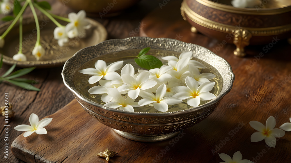 Silver Bowl with Floating Jasmine Flowers on Decorative Wooden Table - Songkran