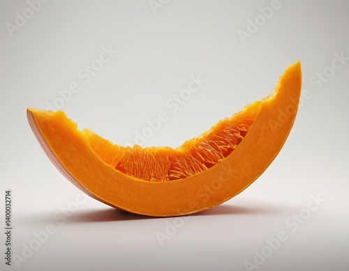 Vibrant orange pumpkin slice resting elegantly on a soft gray background.