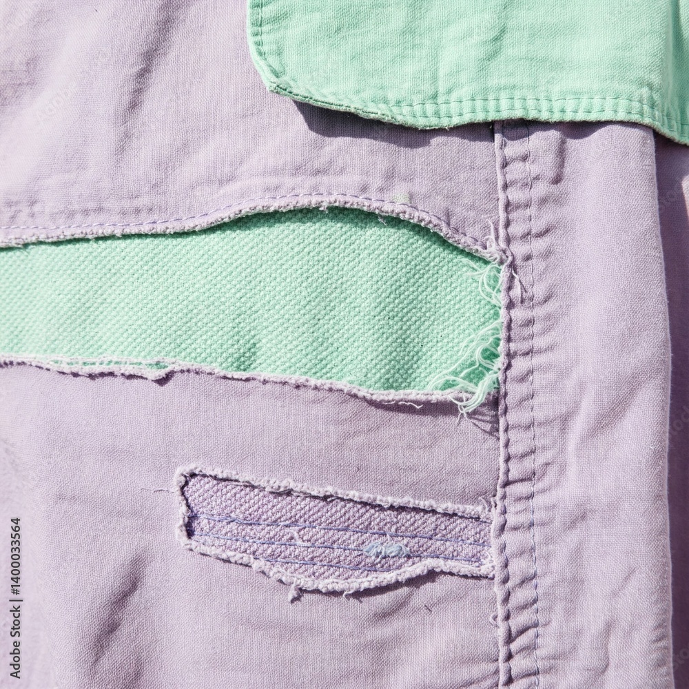 Worn textile, visible stitching, patched fabric, damaged seams, fashion texture Worn textile, visible stitching, patched fabric, damaged seams, fashion texture