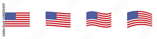 USA flag icon set. Stripes flags united states with stars. 4 July, Veteran and Memorial day vector banner. American national symbol isolated on transparent background. Vector illustration.